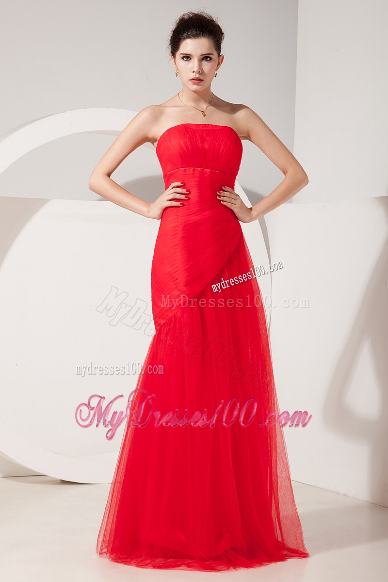 Fashionable Strapless Column Tulle Floor-length Prom Dress in Coral Red