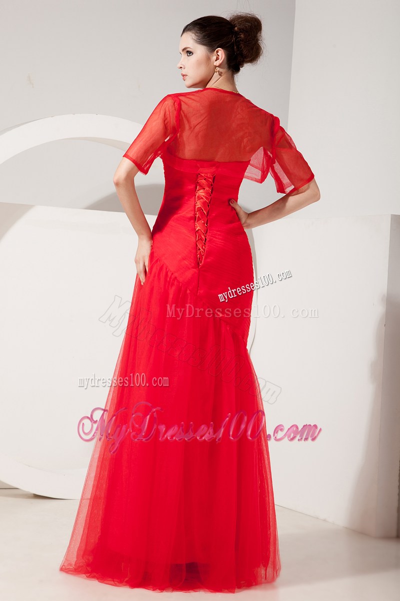 Fashionable Strapless Column Tulle Floor-length Prom Dress in Coral Red