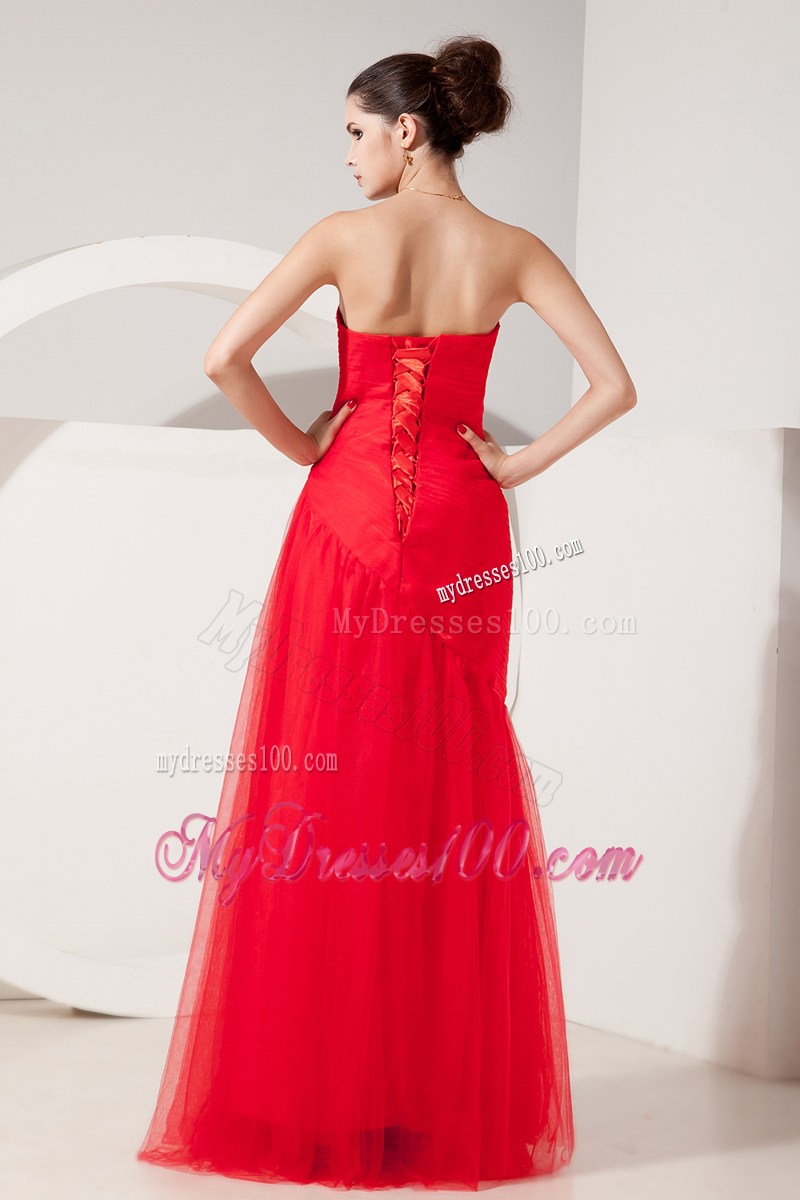 Fashionable Strapless Column Tulle Floor-length Prom Dress in Coral Red