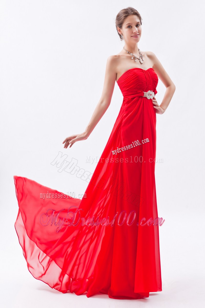 Simple Strapless Brush Train Red Chiffon Prom Homecoming Dress with Belt