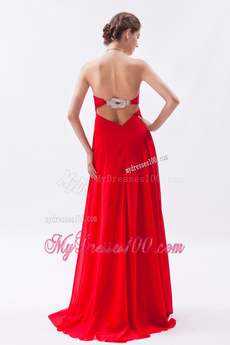 Simple Strapless Brush Train Red Chiffon Prom Homecoming Dress with Belt