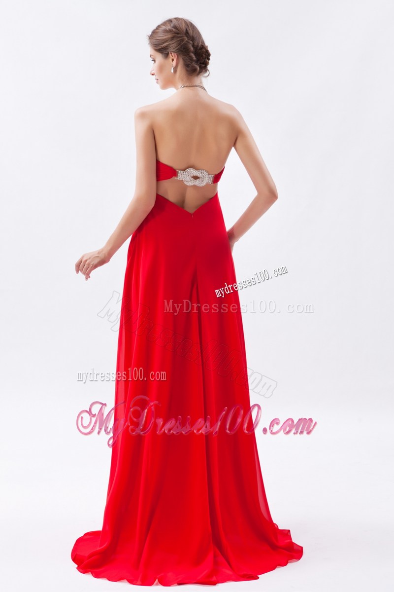 Simple Strapless Brush Train Red Chiffon Prom Homecoming Dress with Belt