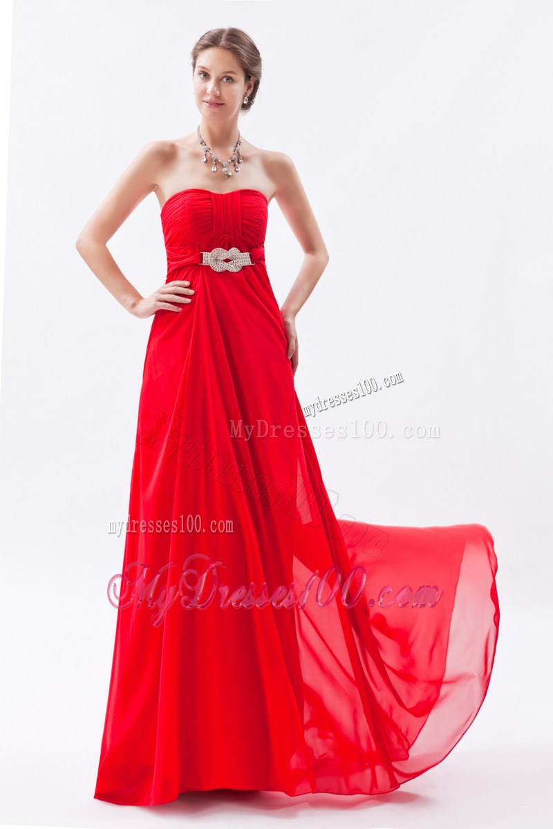 Simple Strapless Brush Train Red Chiffon Prom Homecoming Dress with Belt
