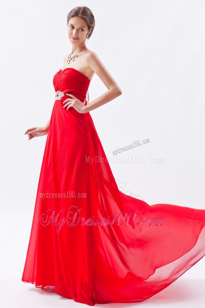 Simple Strapless Brush Train Red Chiffon Prom Homecoming Dress with Belt