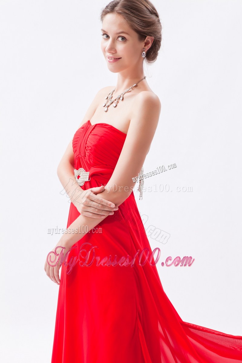Simple Strapless Brush Train Red Chiffon Prom Homecoming Dress with Belt