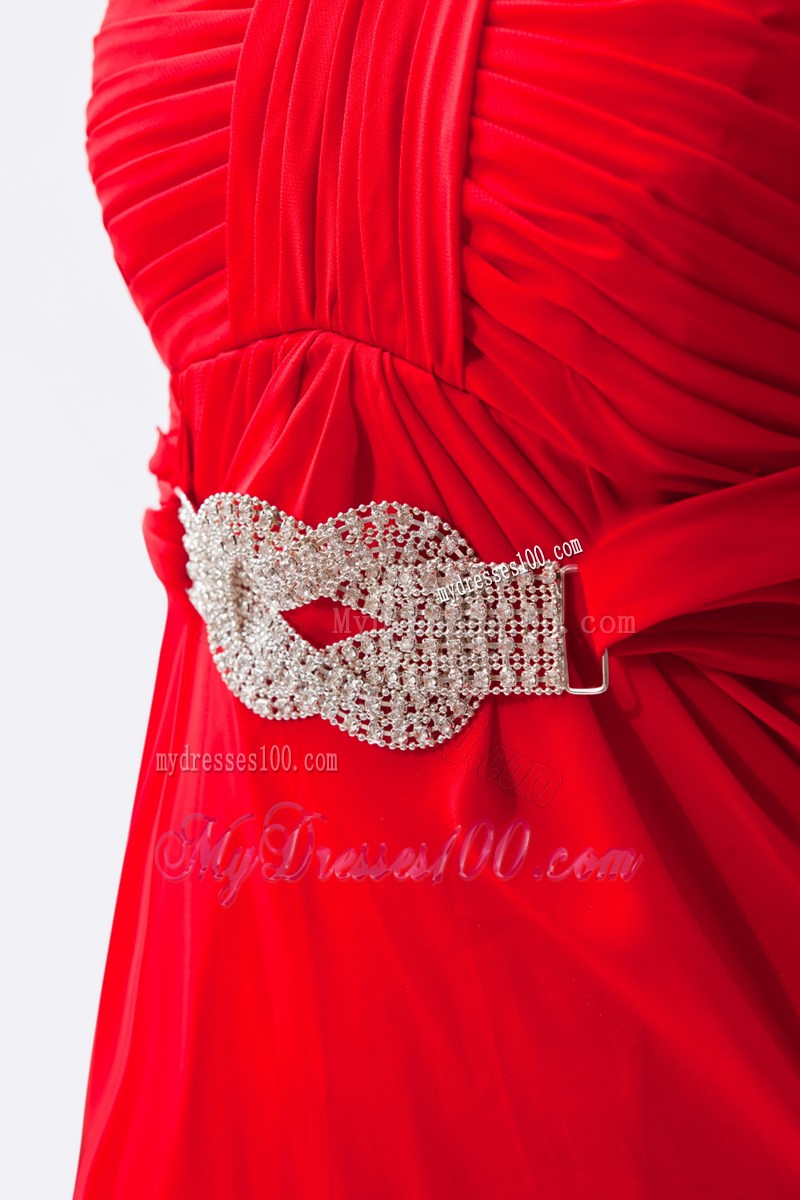 Simple Strapless Brush Train Red Chiffon Prom Homecoming Dress with Belt