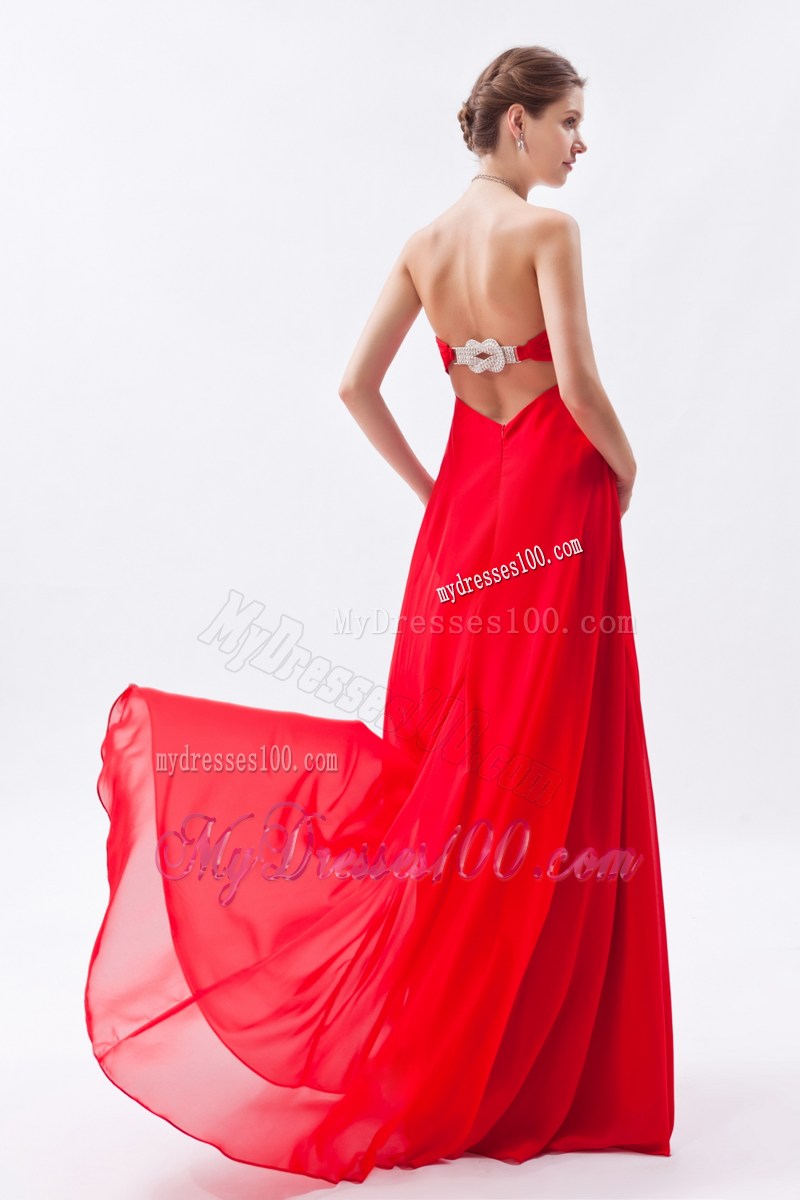 Simple Strapless Brush Train Red Chiffon Prom Homecoming Dress with Belt