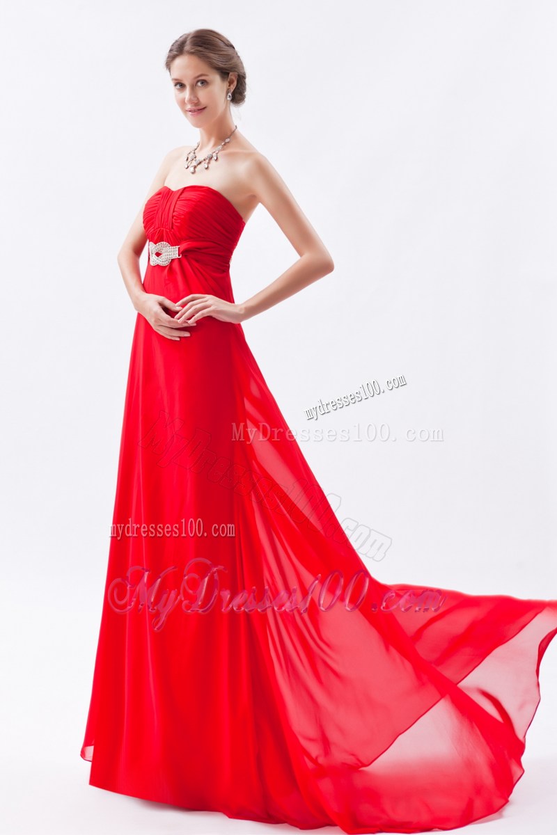 Simple Strapless Brush Train Red Chiffon Prom Homecoming Dress with Belt