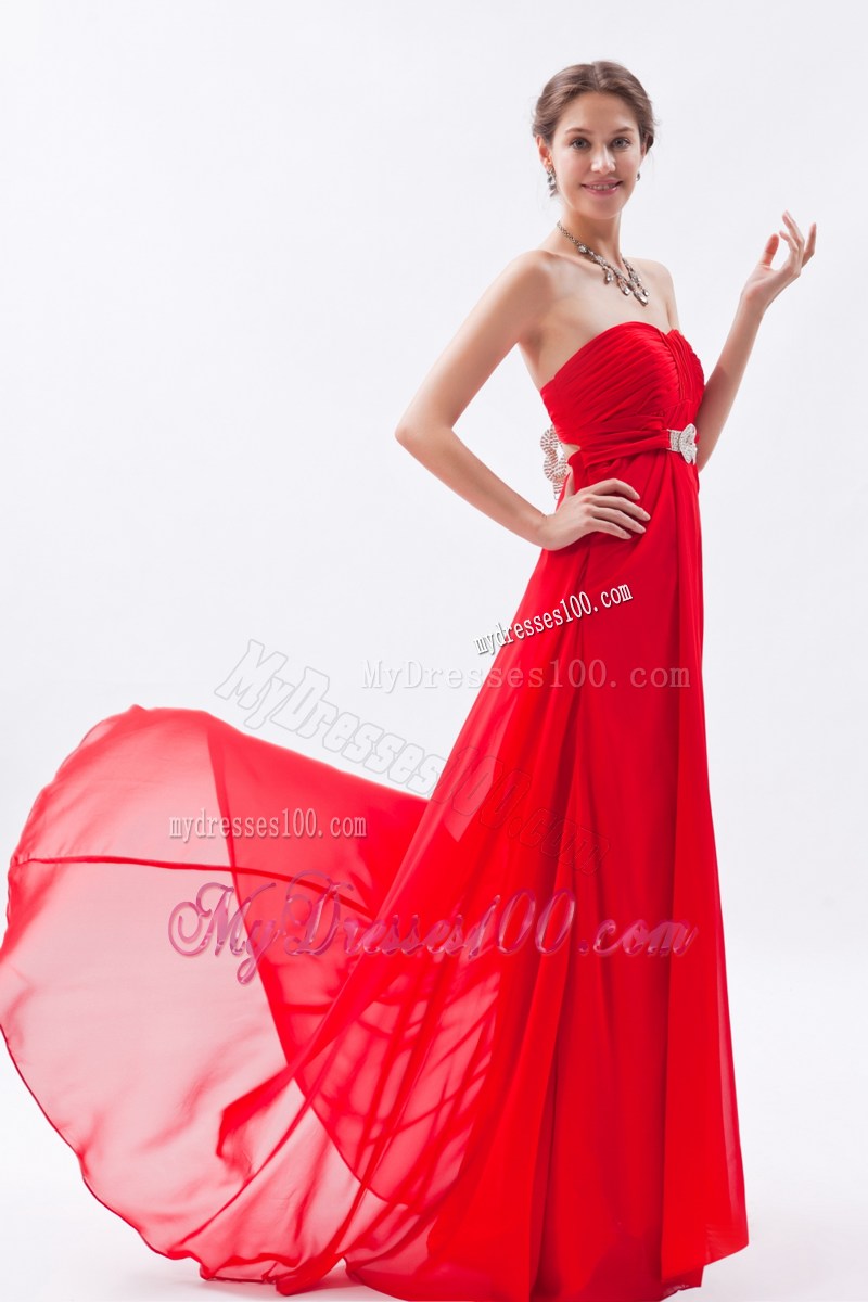 Simple Strapless Brush Train Red Chiffon Prom Homecoming Dress with Belt