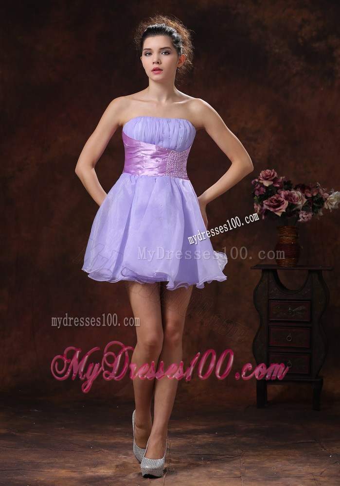 Strapless Lilac Mini-length Organza Prom Dress with Lavender Sash