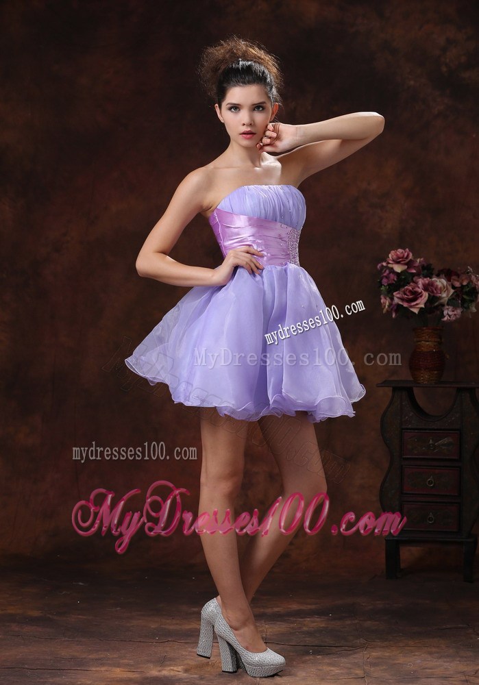 Strapless Lilac Mini-length Organza Prom Dress with Lavender Sash
