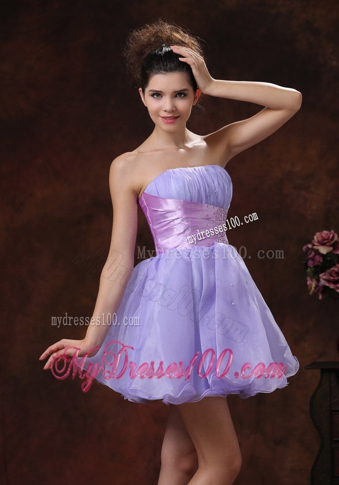 Strapless Lilac Mini-length Organza Prom Dress with Lavender Sash