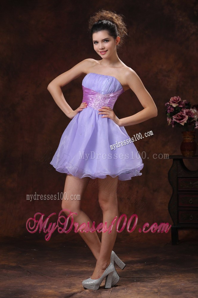 Strapless Lilac Mini-length Organza Prom Dress with Lavender Sash