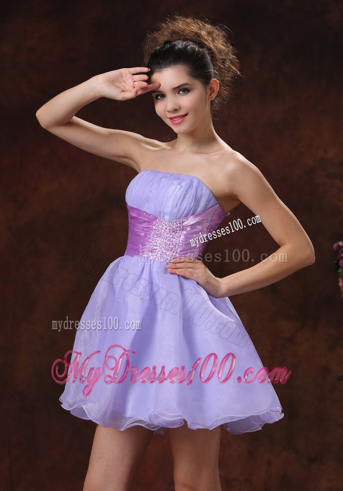 Strapless Lilac Mini-length Organza Prom Dress with Lavender Sash