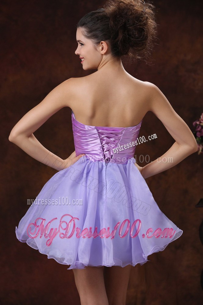 Strapless Lilac Mini-length Organza Prom Dress with Lavender Sash