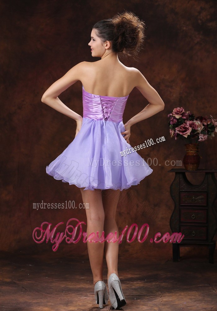 Strapless Lilac Mini-length Organza Prom Dress with Lavender Sash