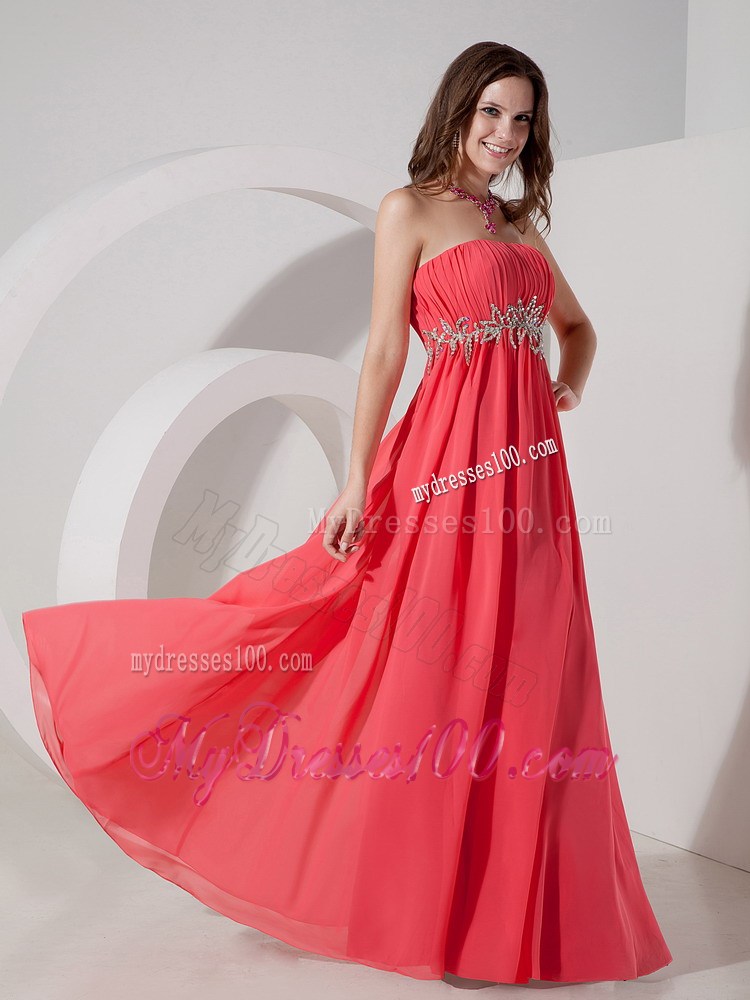 Strapless Floor-length Prom Dress with Beading in Watermelon Chiffon