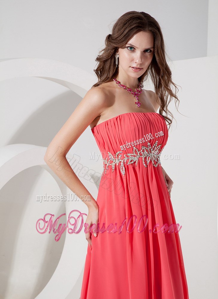 Strapless Floor-length Prom Dress with Beading in Watermelon Chiffon