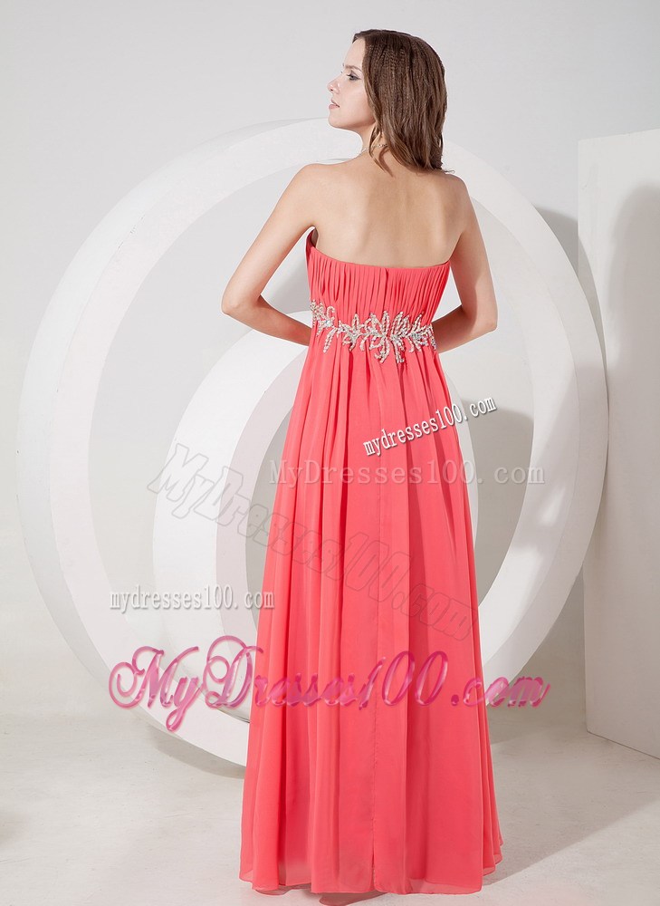Strapless Floor-length Prom Dress with Beading in Watermelon Chiffon