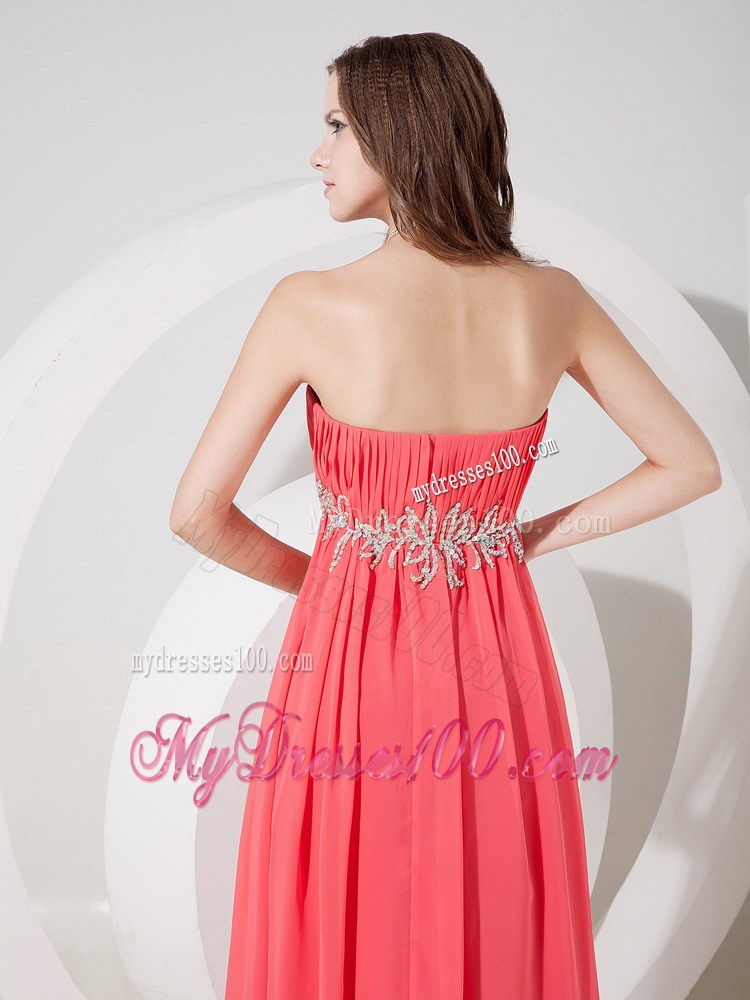 Strapless Floor-length Prom Dress with Beading in Watermelon Chiffon