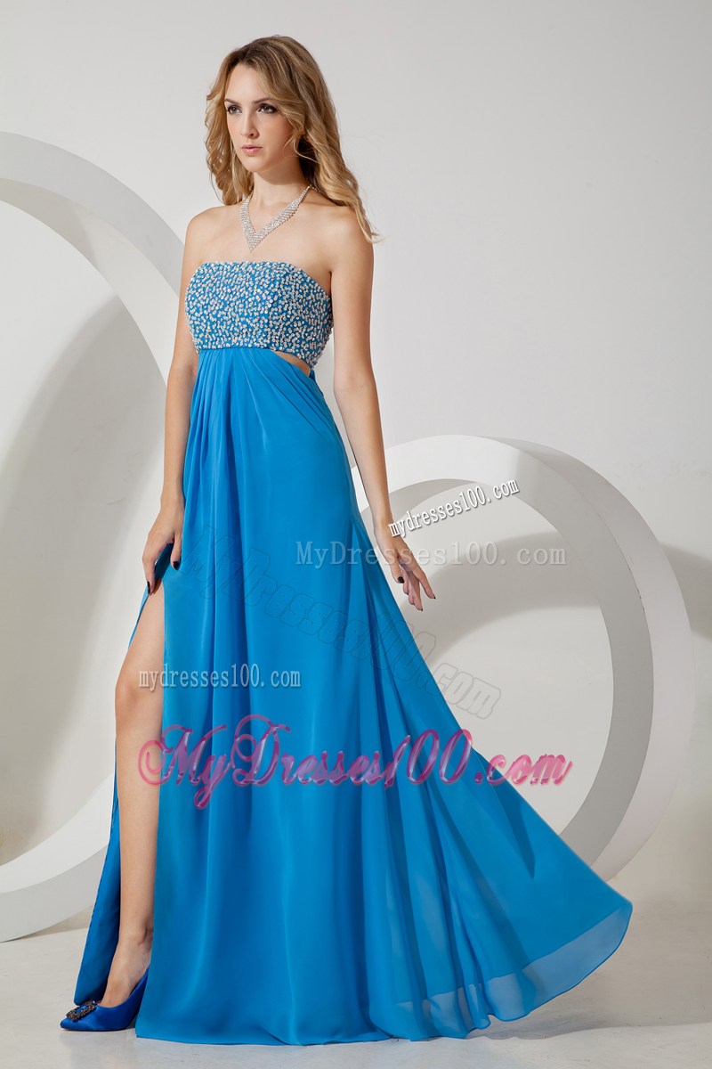 Beading Decorate Brush Train Prom Dress with Cut Out Back in Sky Blue