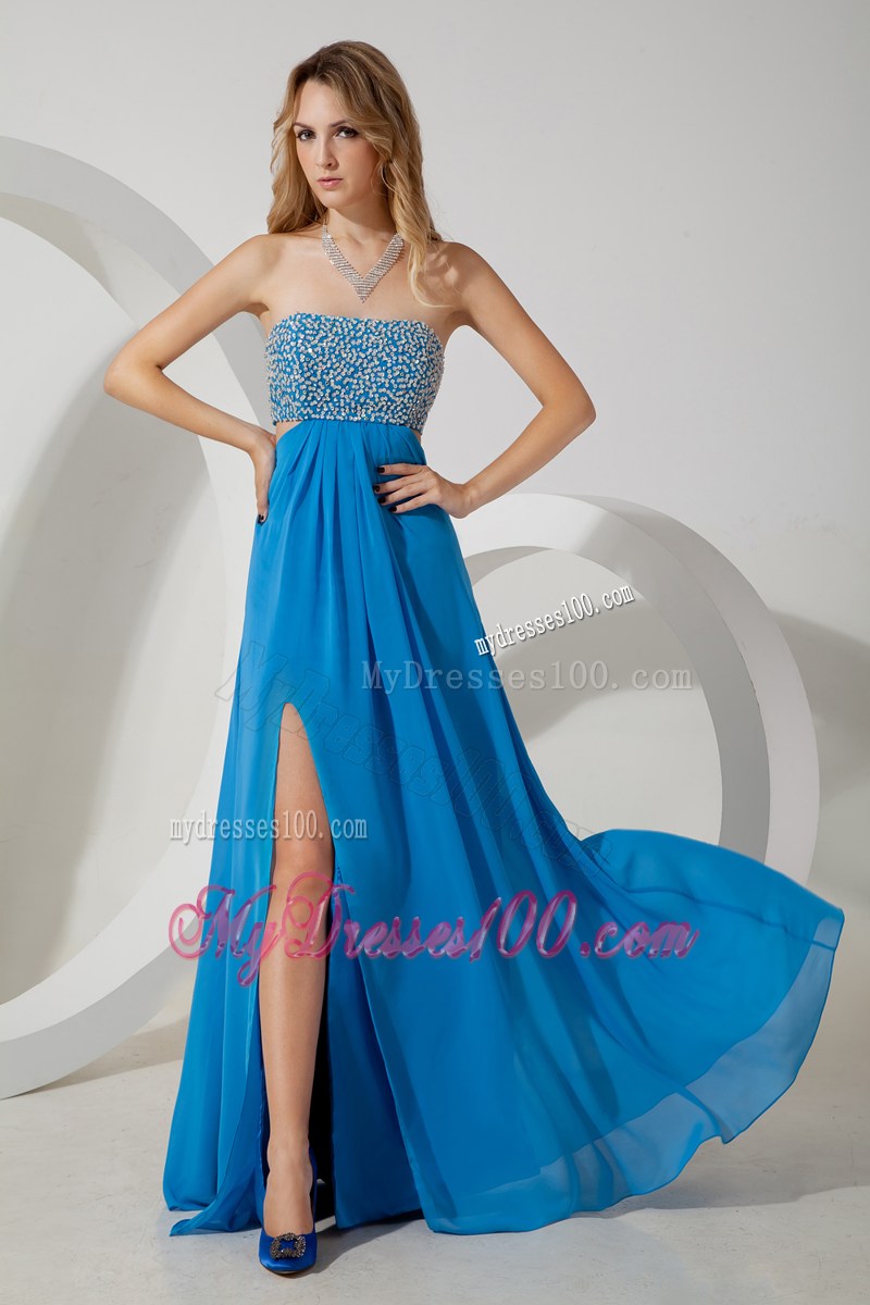 Beading Decorate Brush Train Prom Dress with Cut Out Back in Sky Blue