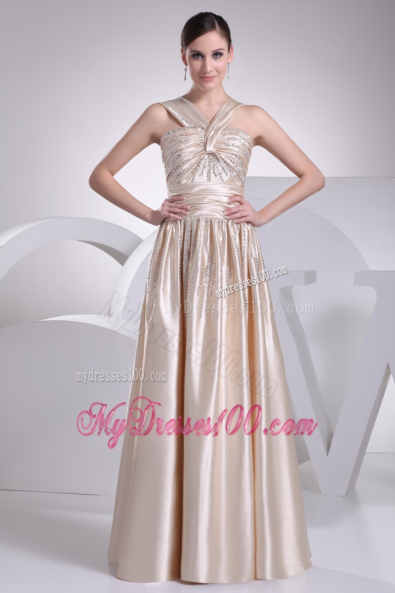 V-neck Ruched Champagne Long Prom Dress with Beading and Pleats