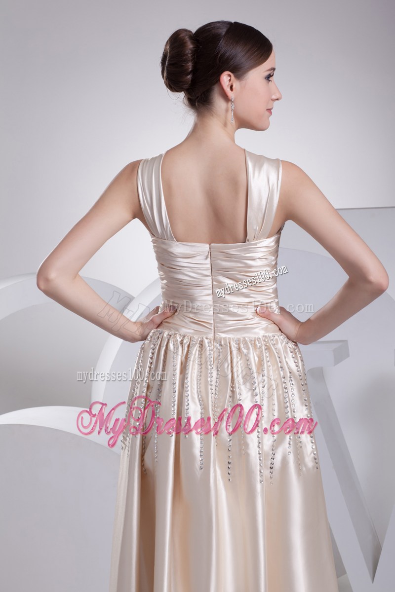 V-neck Ruched Champagne Long Prom Dress with Beading and Pleats