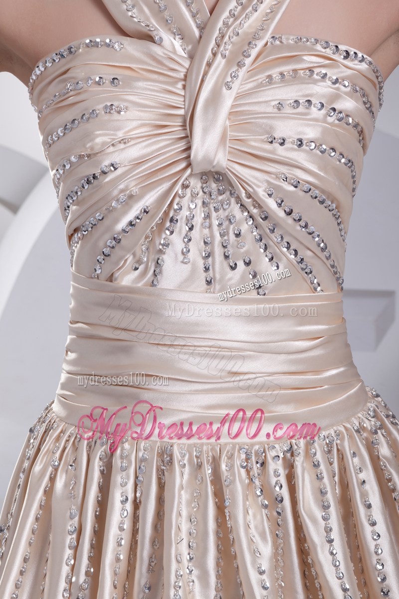 V-neck Ruched Champagne Long Prom Dress with Beading and Pleats