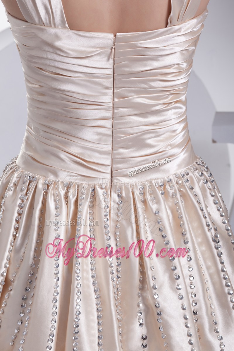 V-neck Ruched Champagne Long Prom Dress with Beading and Pleats