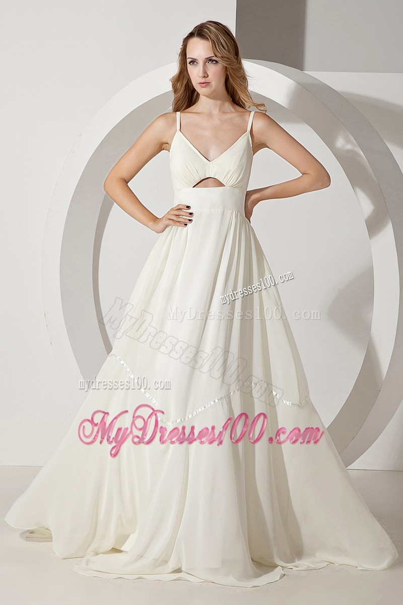 White Empire Straps Brush Train Chiffon Prom Party Dress with Cutouts