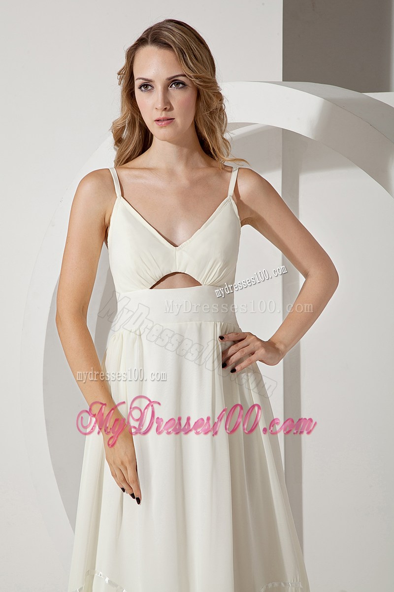 White Empire Straps Brush Train Chiffon Prom Party Dress with Cutouts