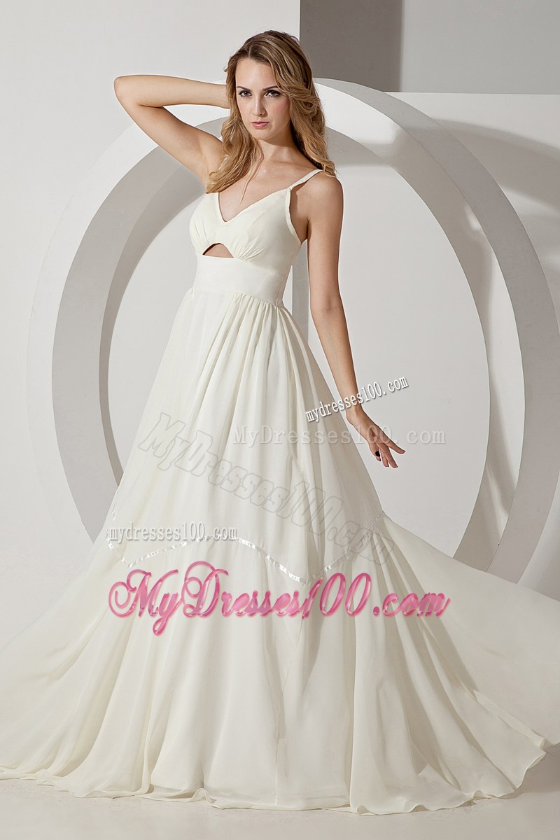 White Empire Straps Brush Train Chiffon Prom Party Dress with Cutouts