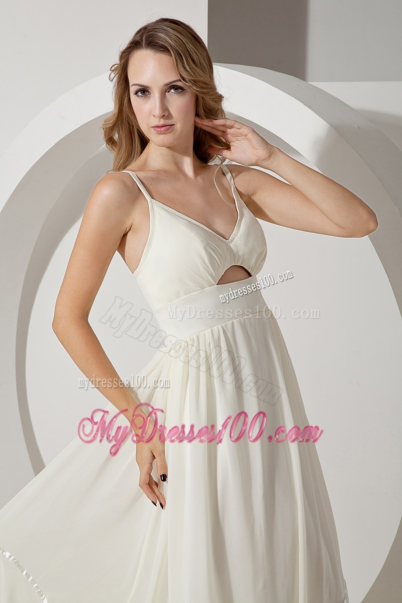 White Empire Straps Brush Train Chiffon Prom Party Dress with Cutouts