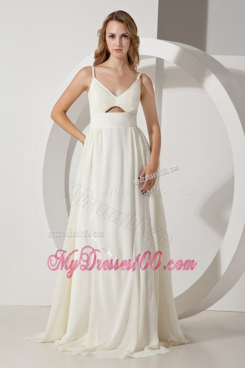 White Empire Straps Brush Train Chiffon Prom Party Dress with Cutouts