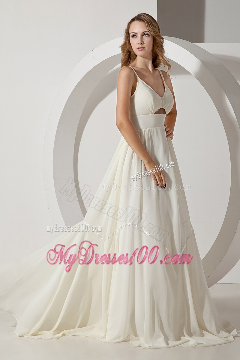 White Empire Straps Brush Train Chiffon Prom Party Dress with Cutouts