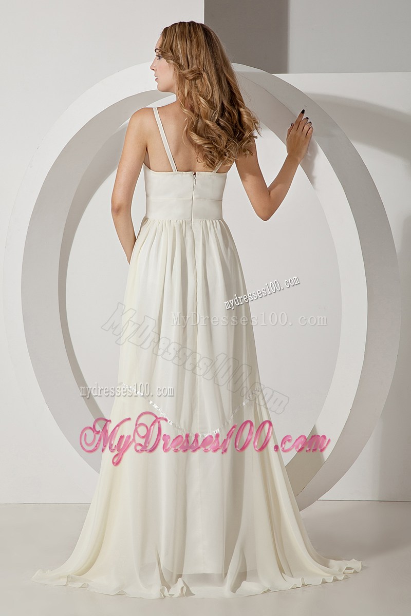 White Empire Straps Brush Train Chiffon Prom Party Dress with Cutouts