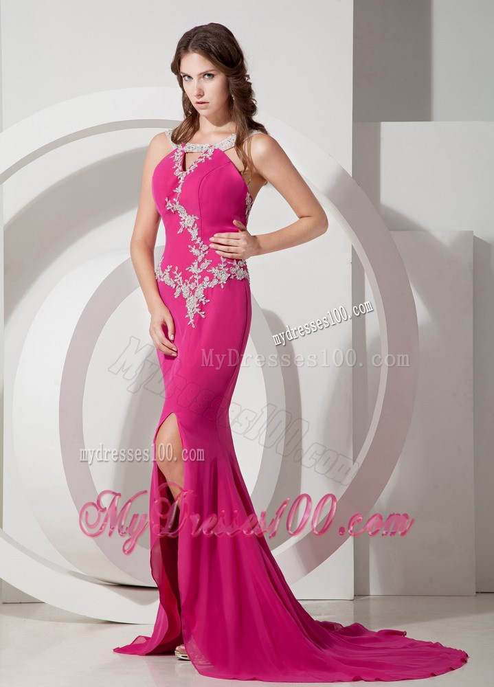 Mermaid Hot Pink Appliques Decorated Prom Gown with Jeweled Neckline