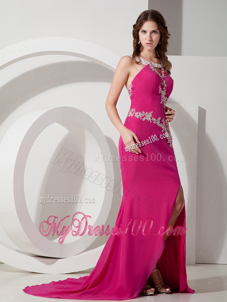 Mermaid Hot Pink Appliques Decorated Prom Gown with Jeweled Neckline