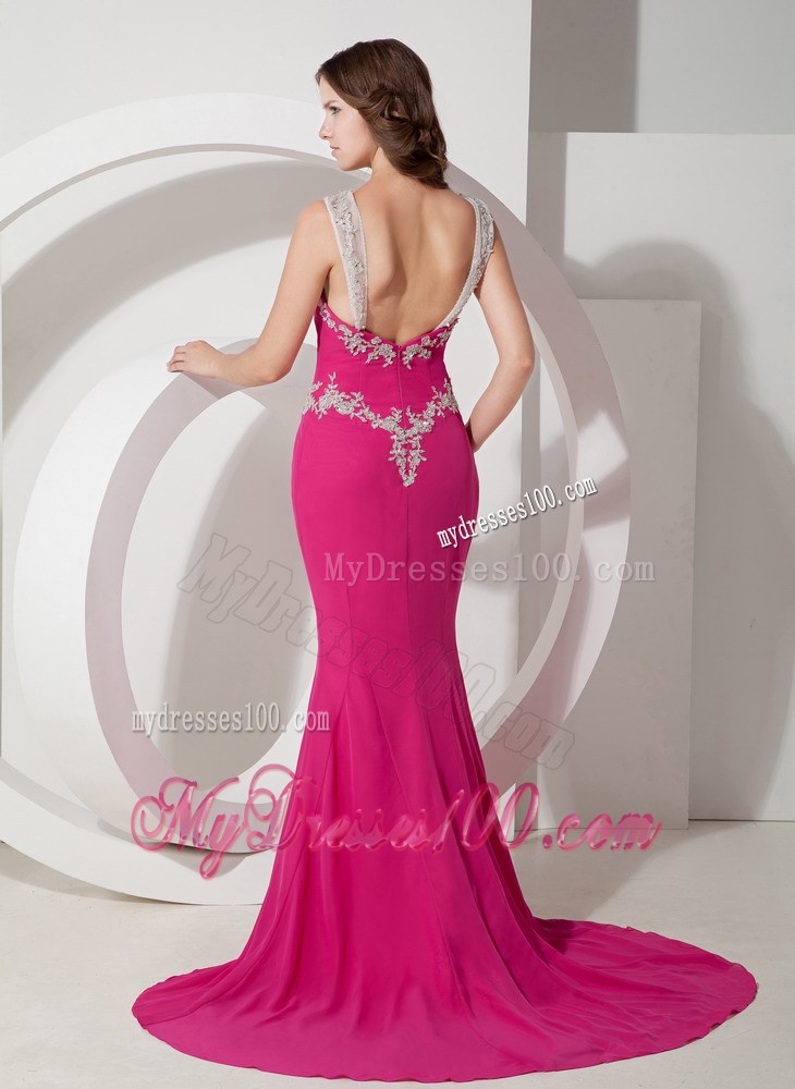 Mermaid Hot Pink Appliques Decorated Prom Gown with Jeweled Neckline