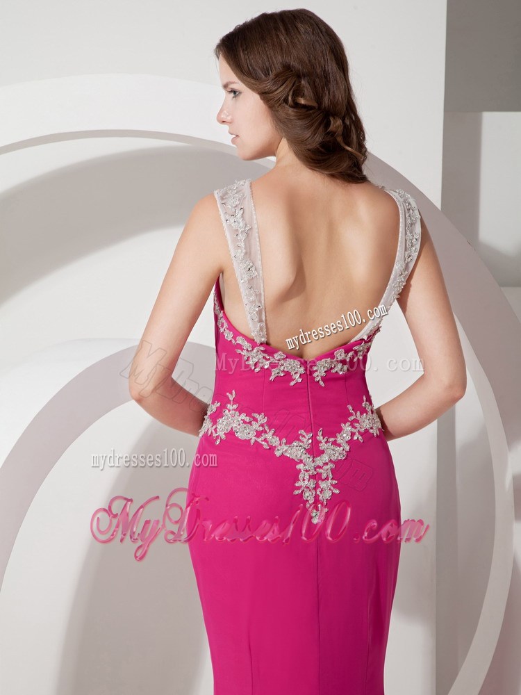 Mermaid Hot Pink Appliques Decorated Prom Gown with Jeweled Neckline