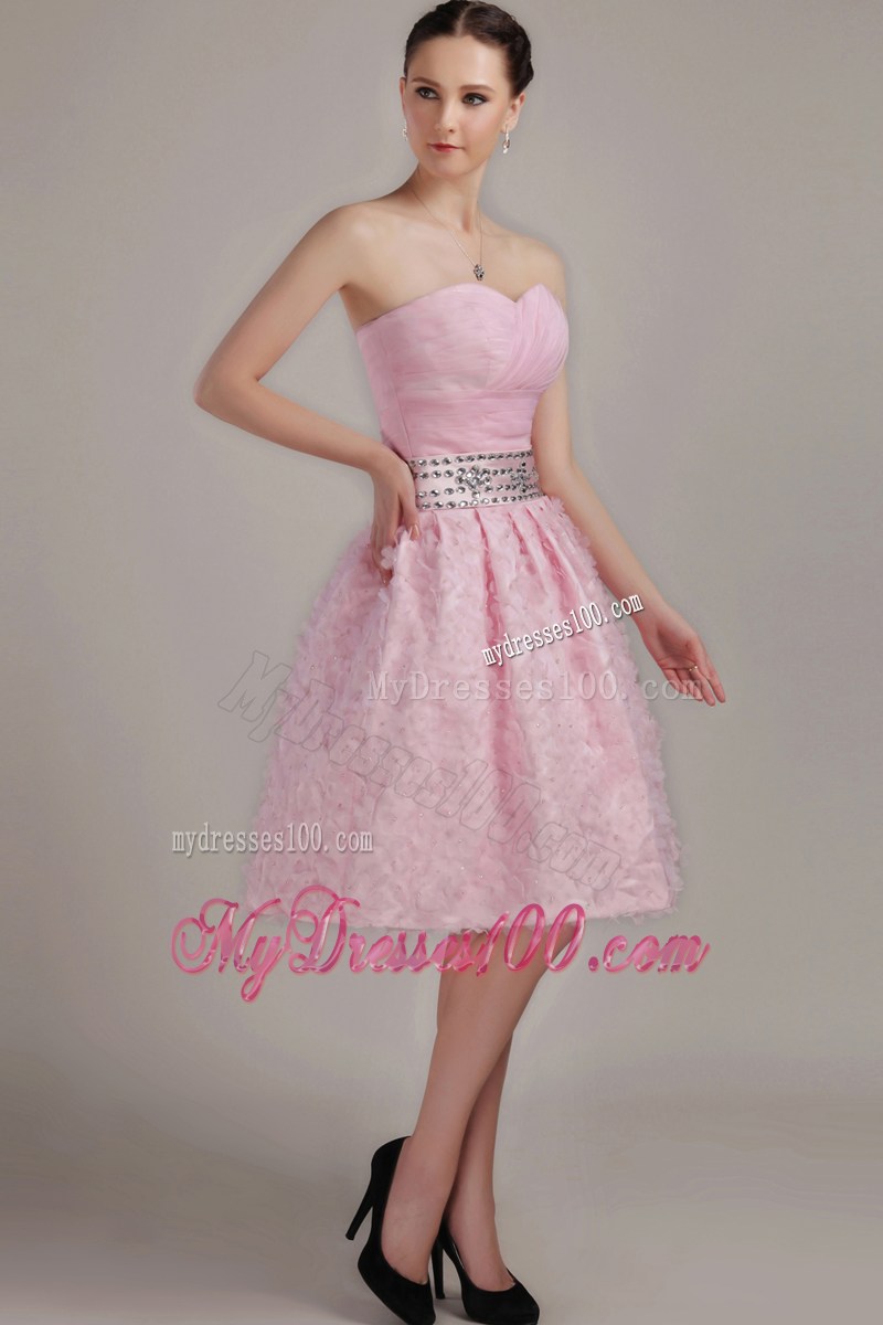 Beading and Hand-made Flowers Decorate Pink Knee-length Prom Dress