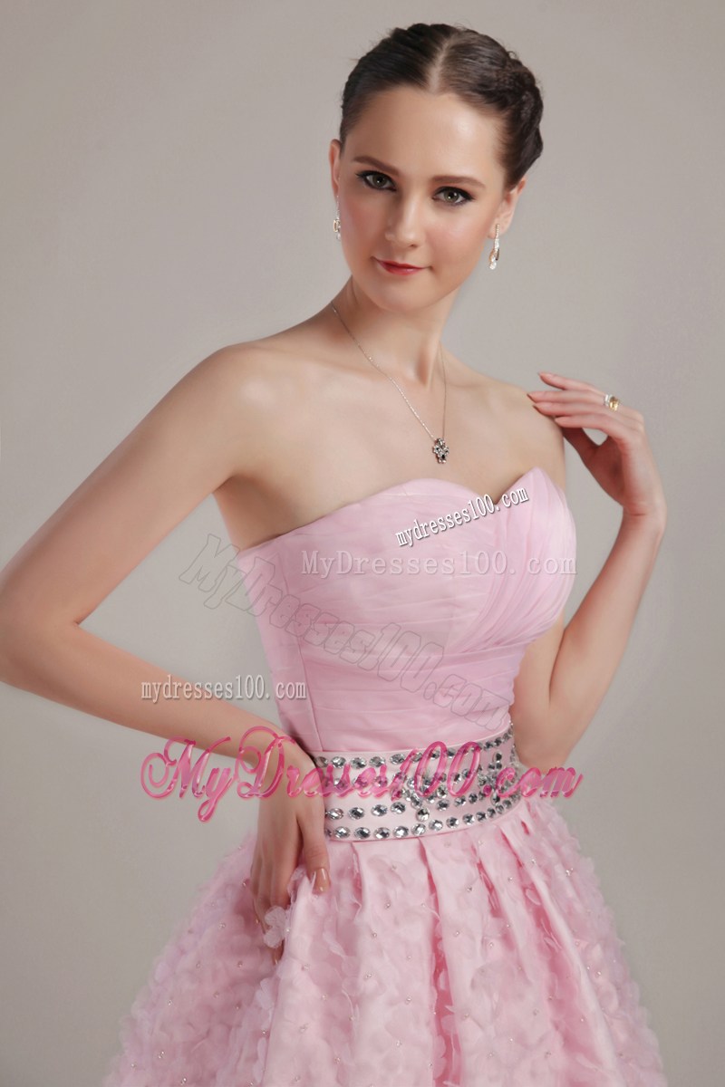 Beading and Hand-made Flowers Decorate Pink Knee-length Prom Dress