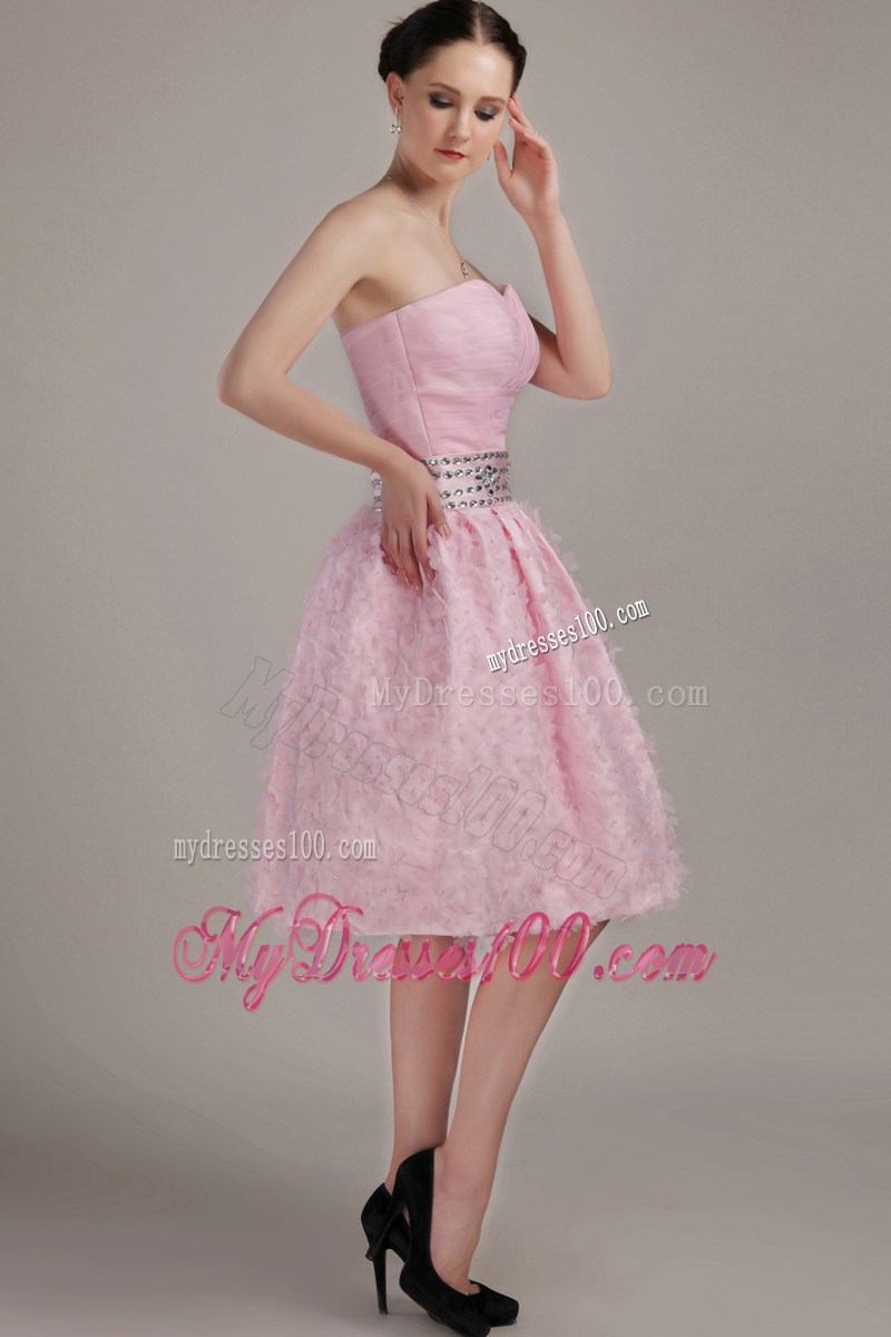 Beading and Hand-made Flowers Decorate Pink Knee-length Prom Dress