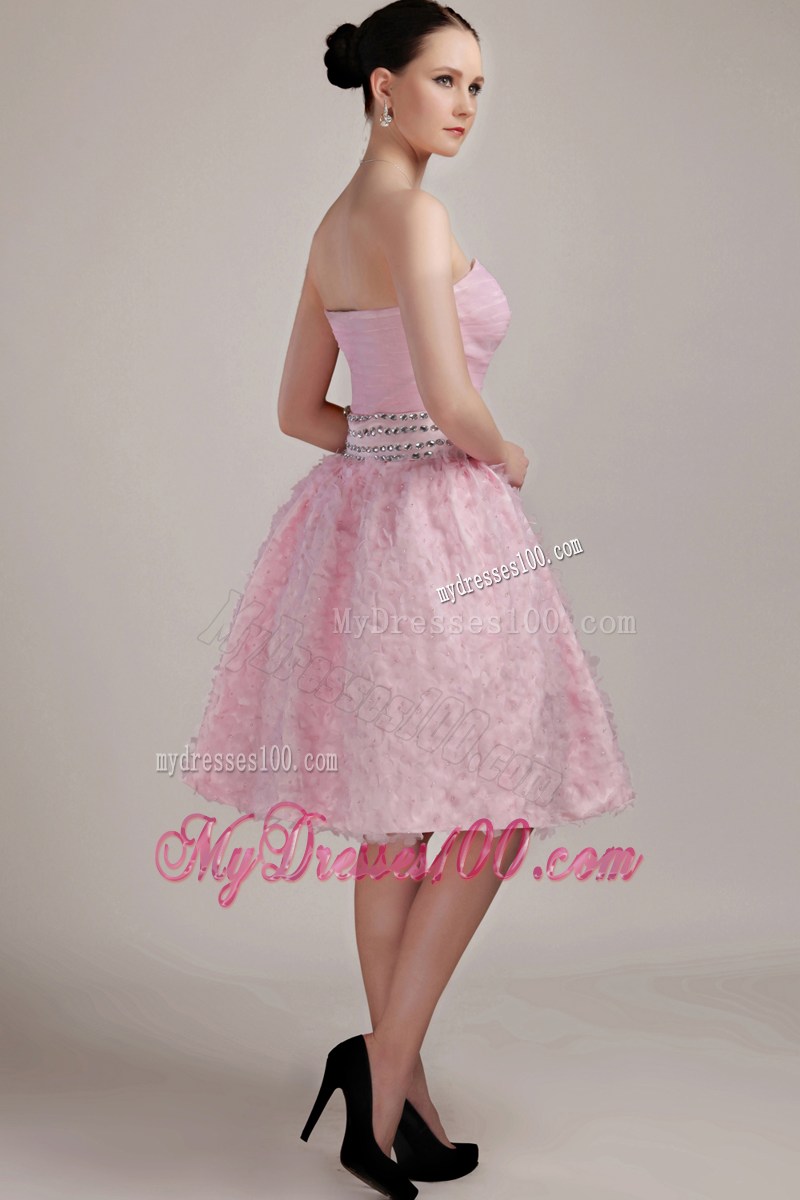 Beading and Hand-made Flowers Decorate Pink Knee-length Prom Dress