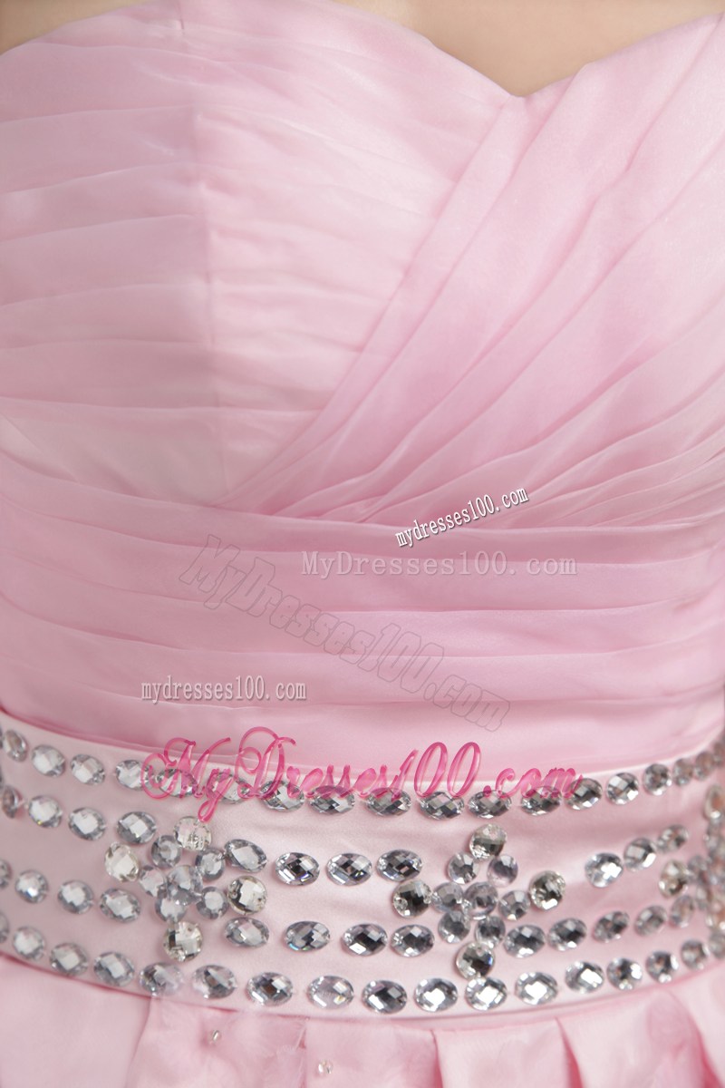 Beading and Hand-made Flowers Decorate Pink Knee-length Prom Dress