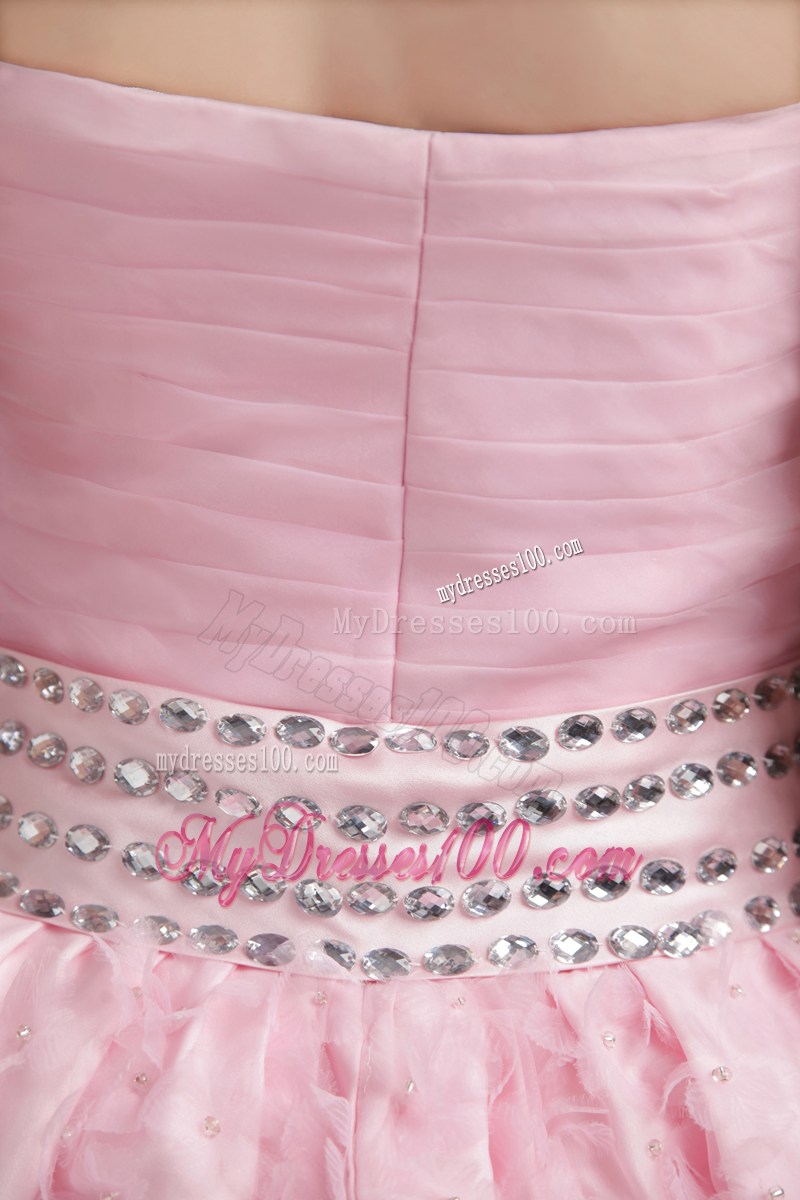 Beading and Hand-made Flowers Decorate Pink Knee-length Prom Dress