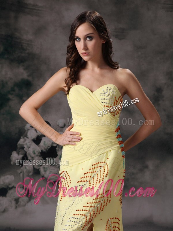 Sweetheart Ruched Sheath For Yellow Column Prom Gown Dress with High Slit