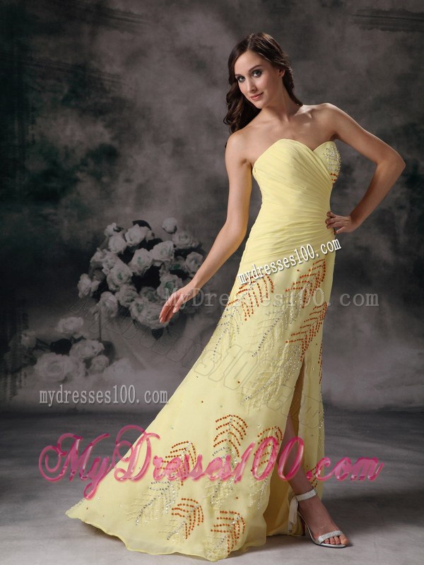 Sweetheart Ruched Sheath For Yellow Column Prom Gown Dress with High Slit