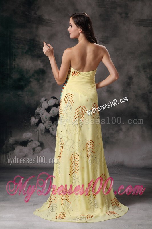 Sweetheart Ruched Sheath For Yellow Column Prom Gown Dress with High Slit